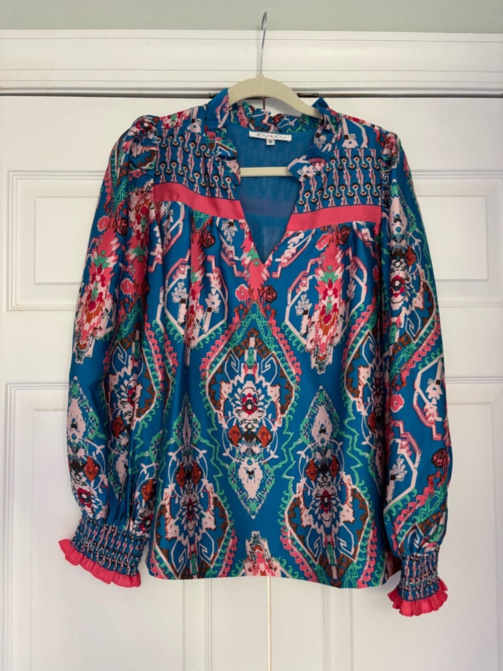 Joy Joy Teal Paisley Long-Sleeve Blouse with Pink Trim